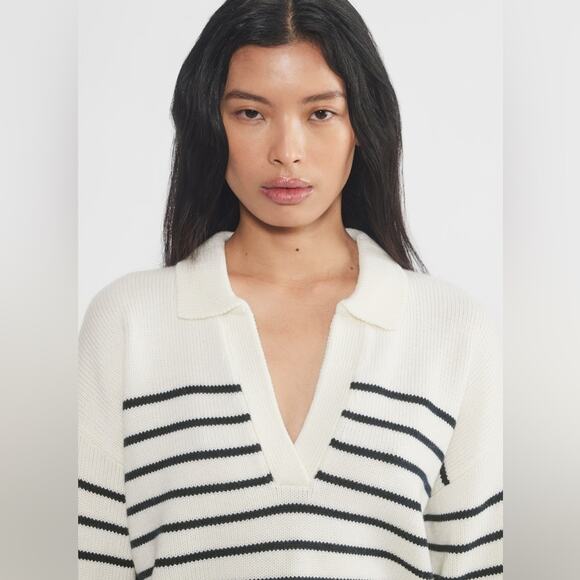 NWT Wilfred Clara Merino Wool Striped V-Neck Sweater In Lt Birch/ Admiral Size S - Picture 3 of 15